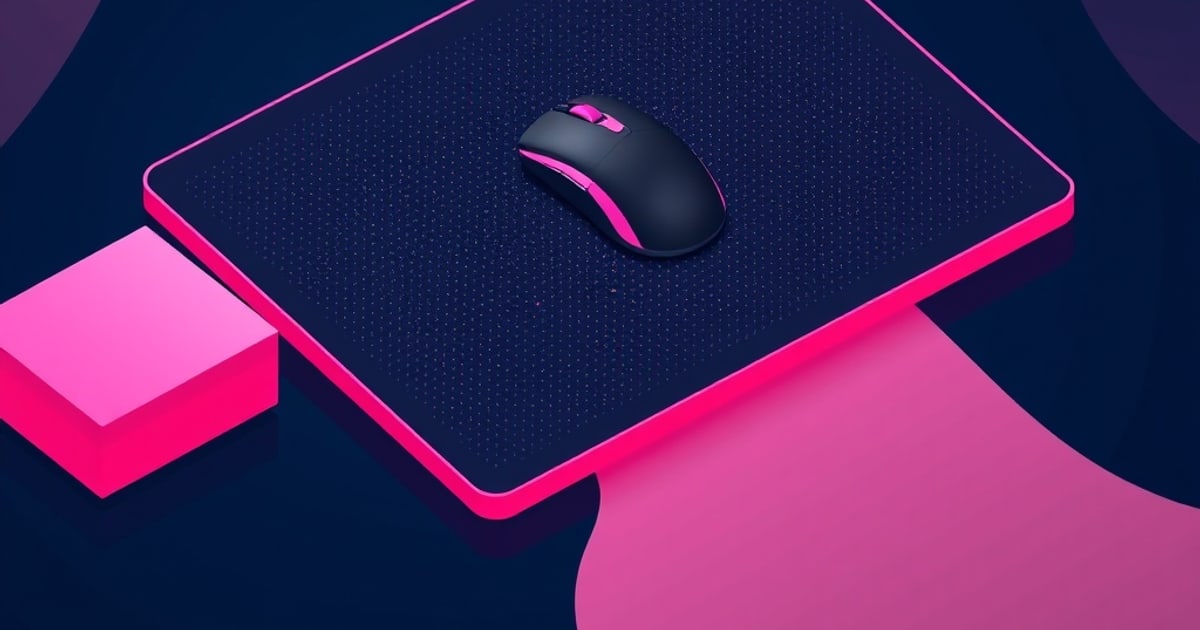 A dark rectangular mat with a pink stitched edge and dotted texture holds a black gaming mouse, set against a pink isometric desk scene.