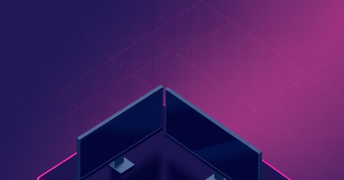Two large widescreen monitors on stands meet at a corner desk edge outlined in glowing pink light against a dark purple gradient backdrop.