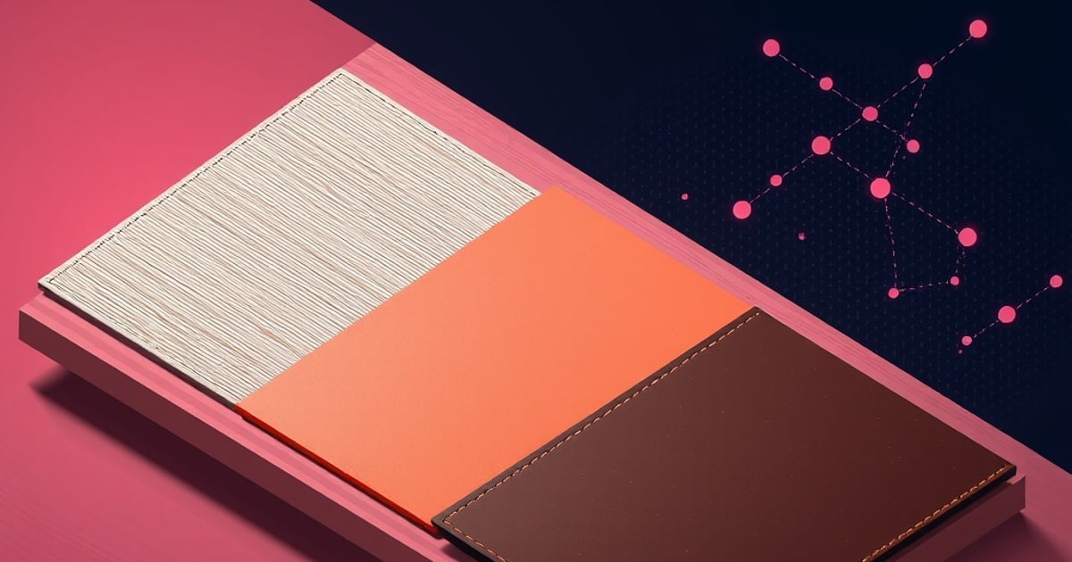 Flat isometric illustration of three flat desk mat panels laid side by side on a pale wooden desktop: a woven fabric surface, a smooth orange panel and a stitched dark brown one.