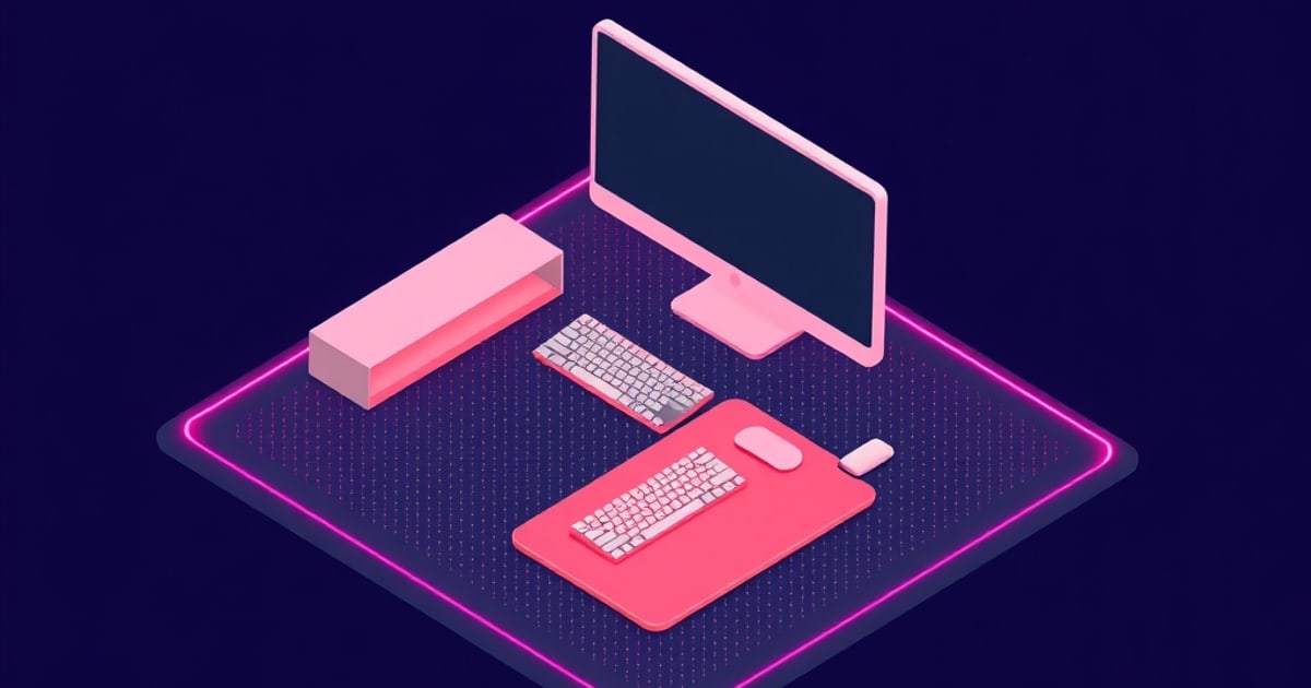 Flat isometric illustration of a pink monitor and keyboard on a large glowing-edge desk mat with a smaller coral mat holding a keyboard and mouse.