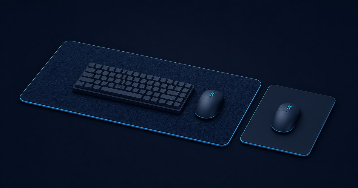 Dark navy render of a large desk mat holding a compact keyboard and mouse beside a much smaller mouse pad with its own mouse, both trimmed in blue.