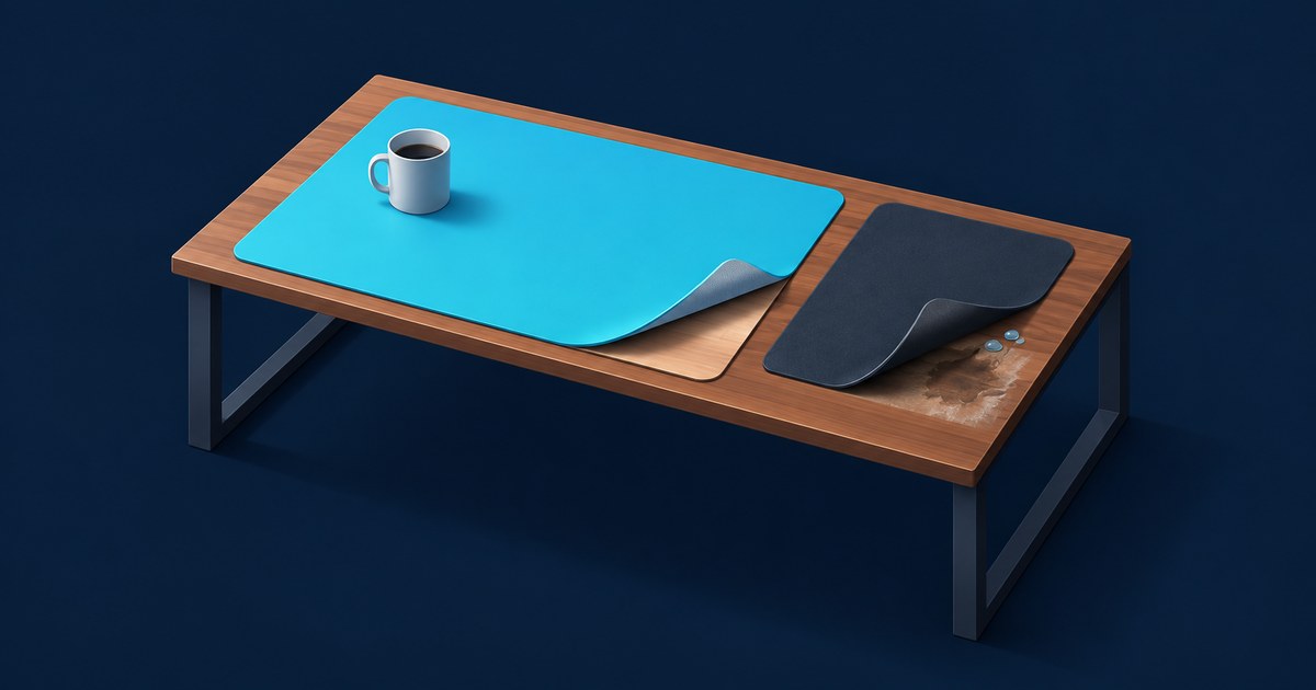 A wooden desk holds turquoise and dark desk mats with curled corners, a coffee mug, and a spill partly exposed beneath the dark mat.