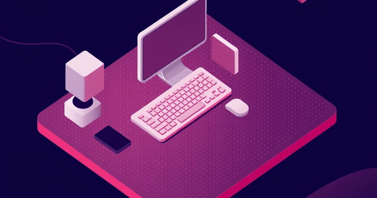 A thick pink isometric desk mat spans a dark desktop under a monitor, keyboard, mouse, phone, book and speaker, showing visible edge depth and dotted texture.