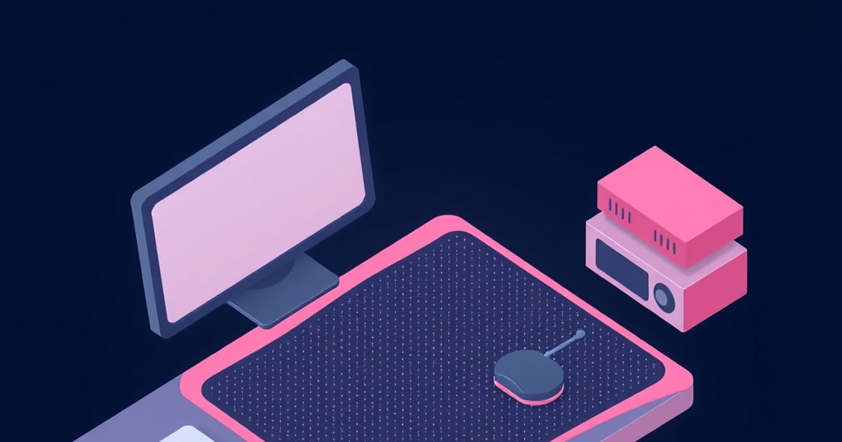 Flat isometric illustration of a dark speckled desk mat with a pink border curling at one corner, a round handled brush on it, and stacked pink boxes.