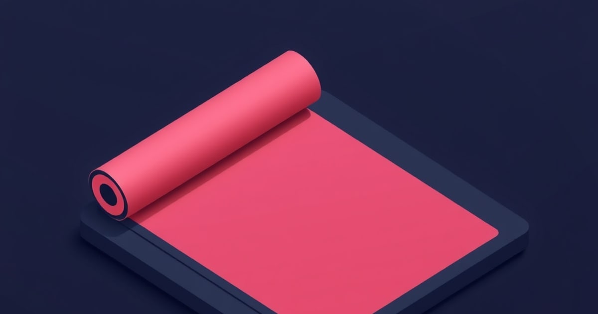 A pink mat half unrolled across a dark navy tray, one edge still curled into a tight cylinder against the flat unrolled section.