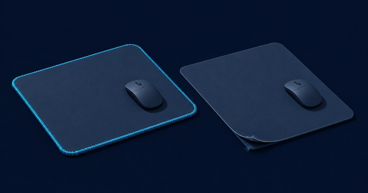 Two dark desk mats with computer mice sit side by side, contrasting a blue stitched border with a smooth, slightly frayed heat-sealed edge.